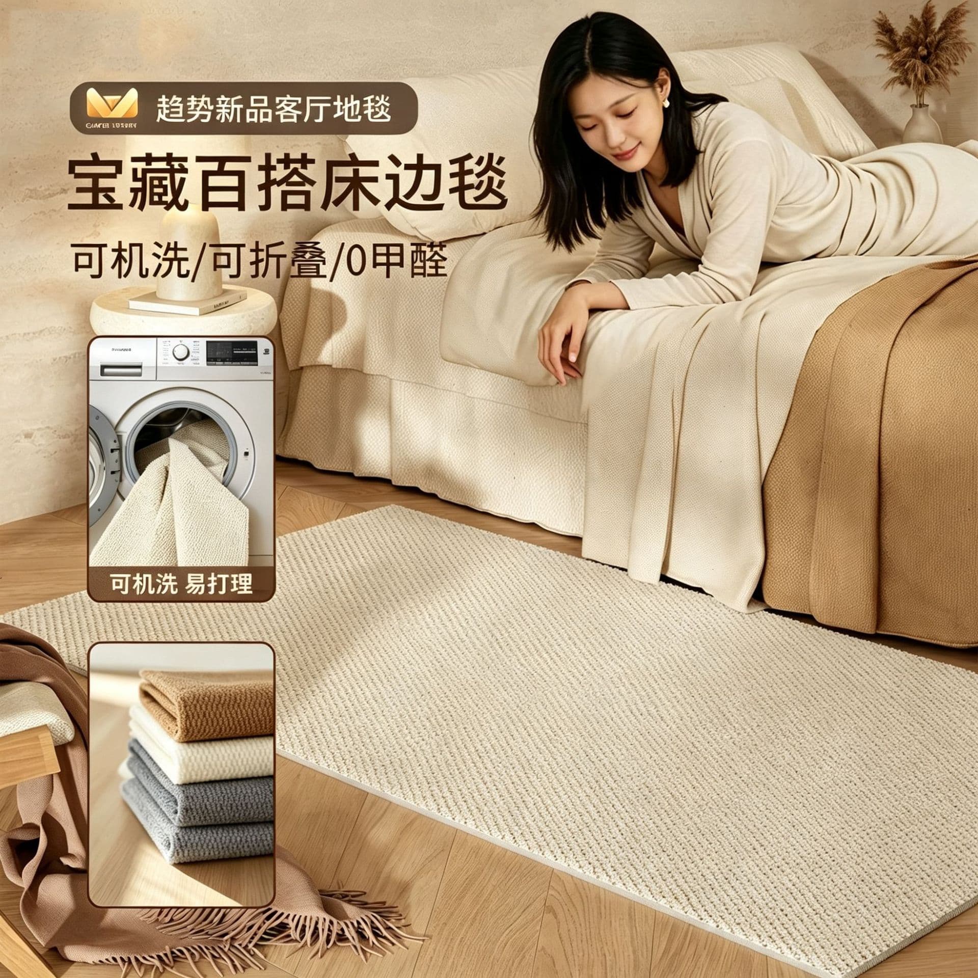 Machine Washable Faux Sisal Rug for Bedroom Bedside, 2026 New Luxury Style Living Room Faux Sisal Floor Mat