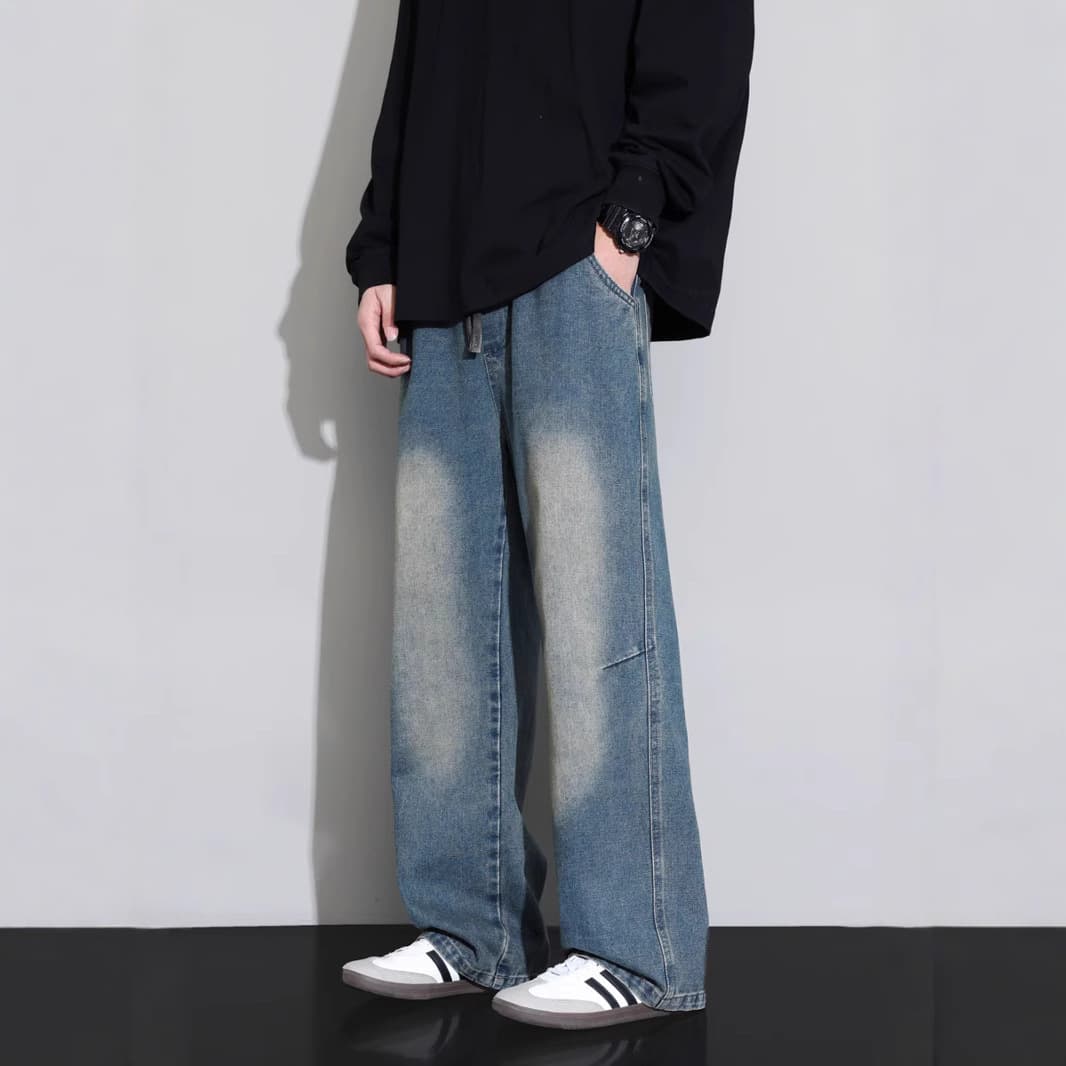 Big Size American Retro Washed Distressed Work Jeans Men's Loose Straight Leg Pants Trendy High-End Long Pants