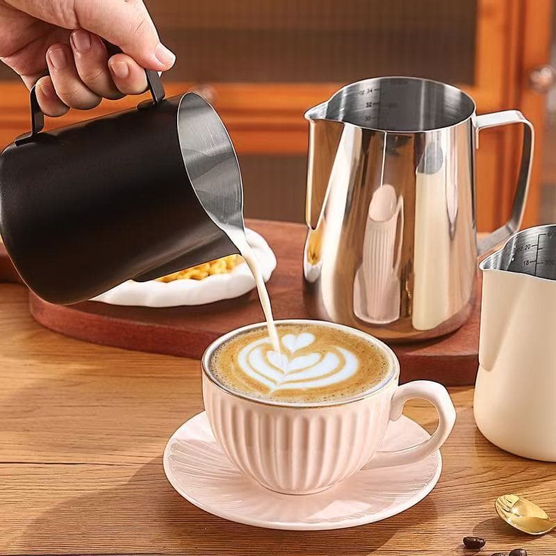 304 Stainless Steel Coffee Latte Art Cup with Scale, Thickened Teflon Milk Frothing Pitcher with Spout