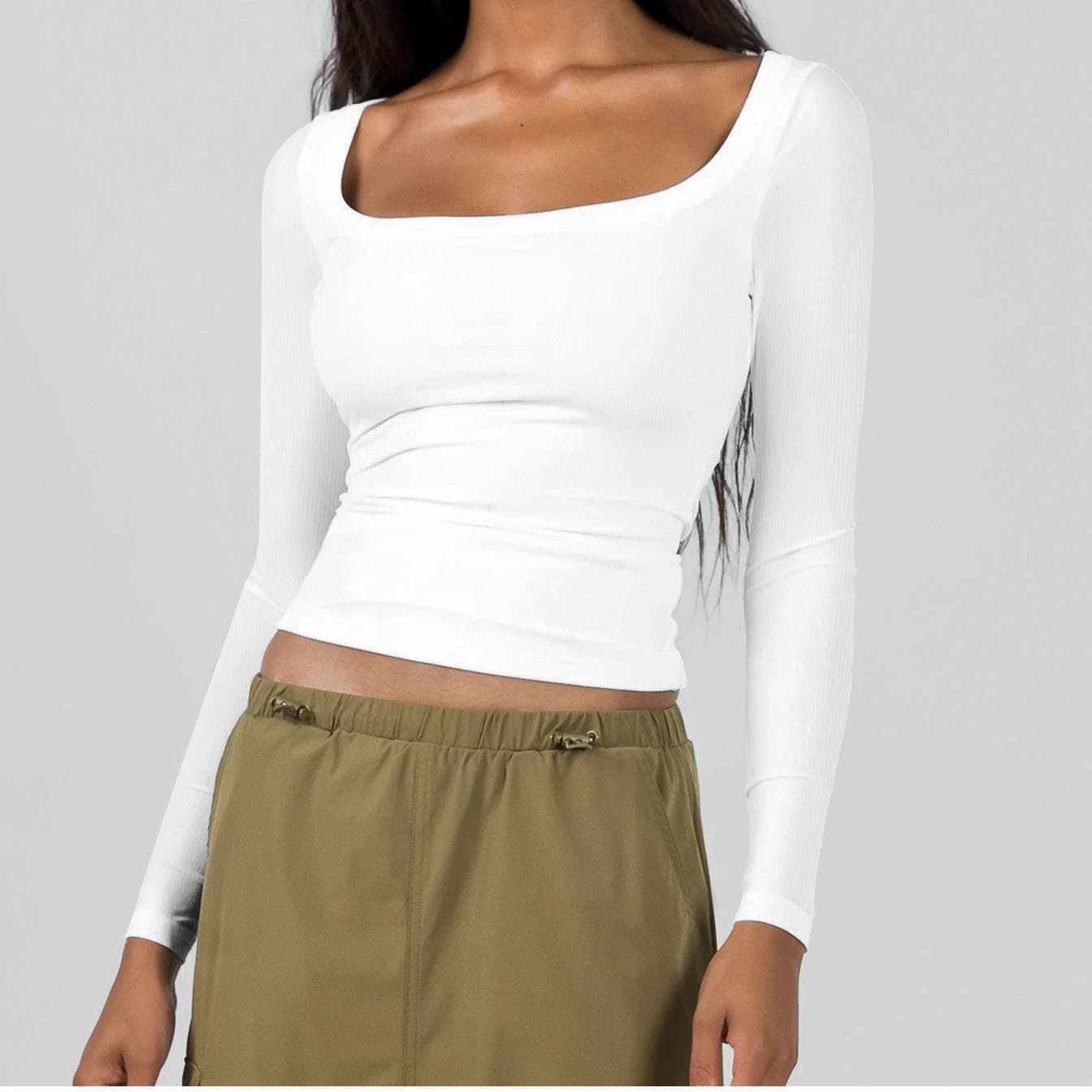 Amazon Women's Sexy Knit T-Shirt U-Neck Long Sleeve Tight Fit Top