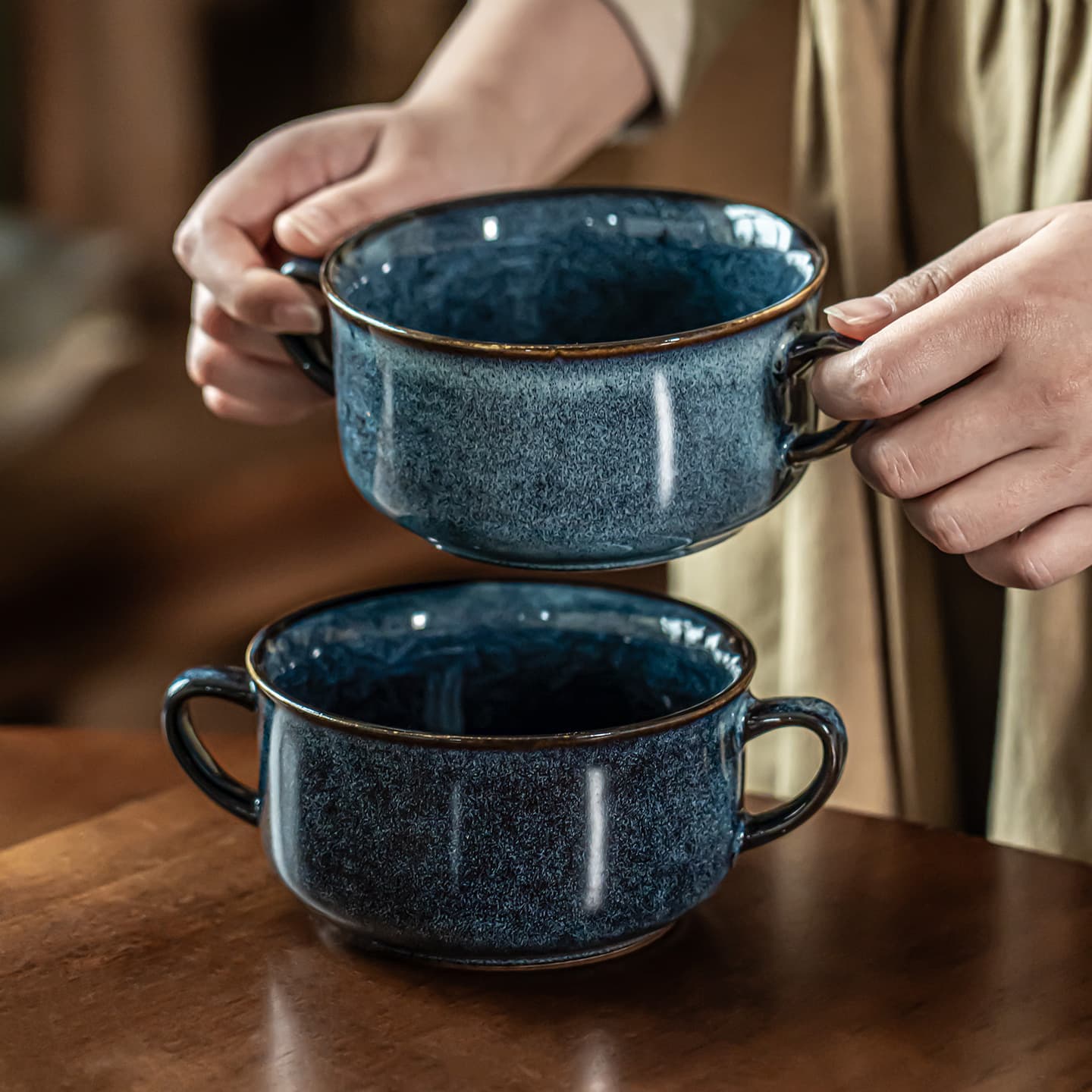 Vintage Style Handle Bowl Ceramic Household Fruit Bowl Instant Noodle Bowl Tableware Double Ear Bowl Personal Soup Bowl Yogurt Bowl