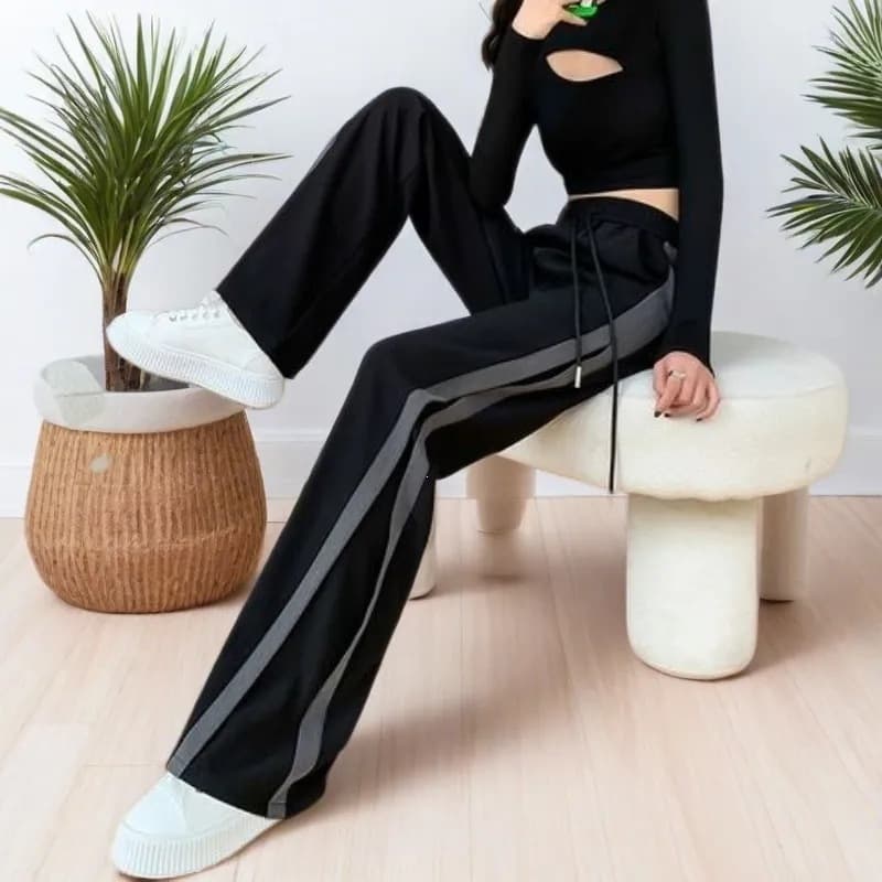 Women's New Black Wide-Leg Pants Straight Loose Casual High-Waist Slimming Spring Summer Sweatpants with Draping Fit for Fitness