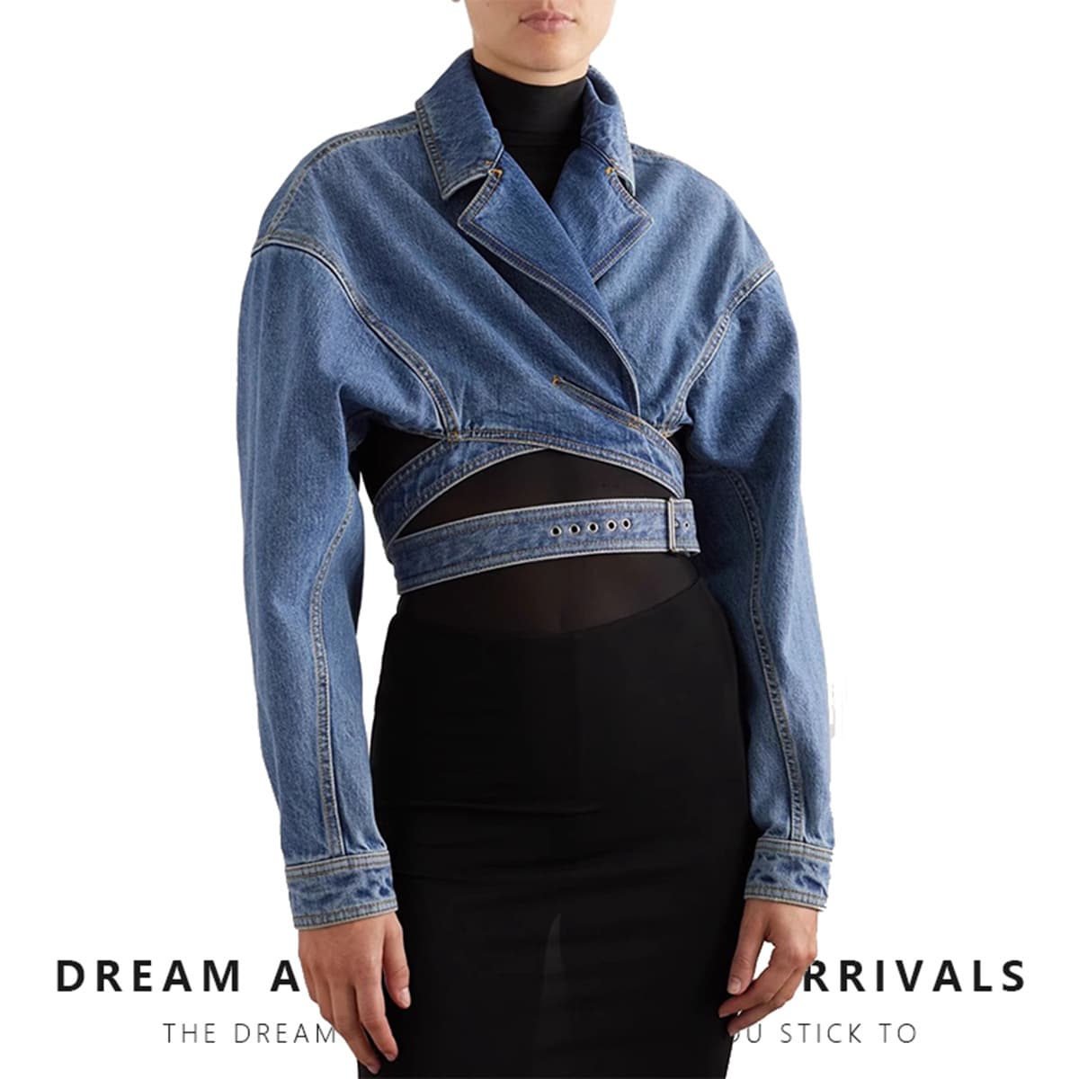 Unique Design Jacket 2024 Spring Cross Lapel Hollow Waist Tie Short Women's Denim Jacket