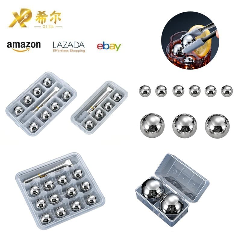 304 stainless steel round ice balls, 25mm-55mm in size, for chilling coffee, beverages, and beer; reusable.