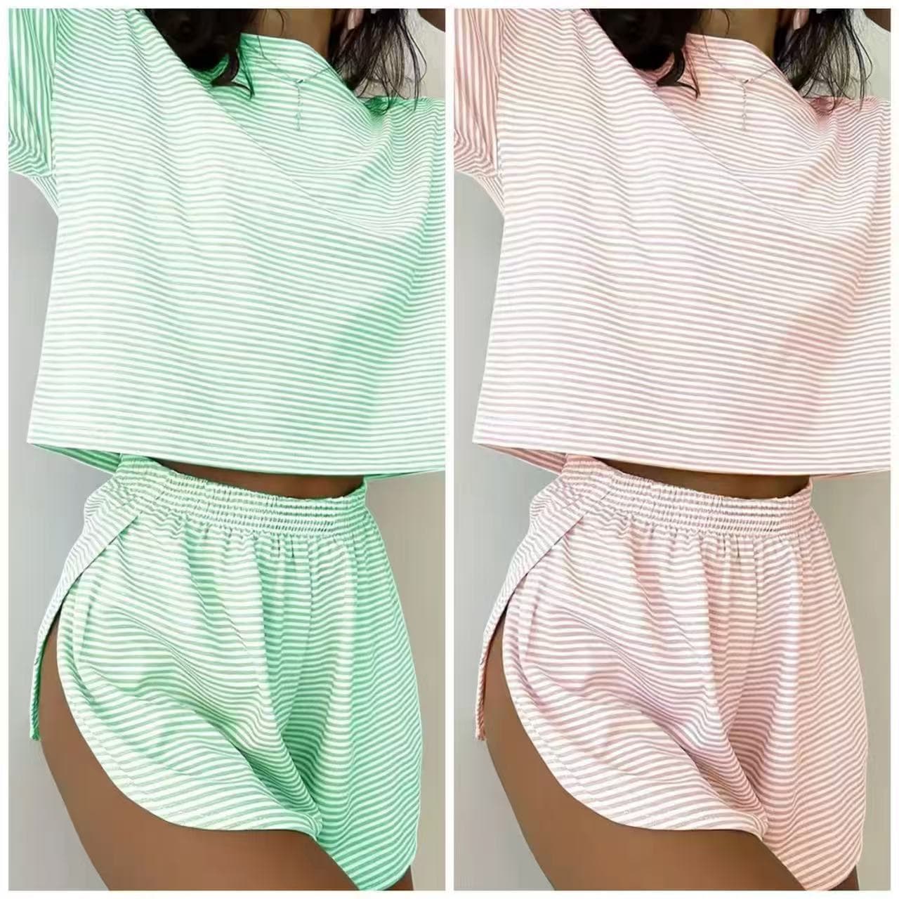 Cross-border Export 2026 Spring/Summer New Collection Striped Casual Set Short Sleeve Crewneck Top Shorts Set Women
