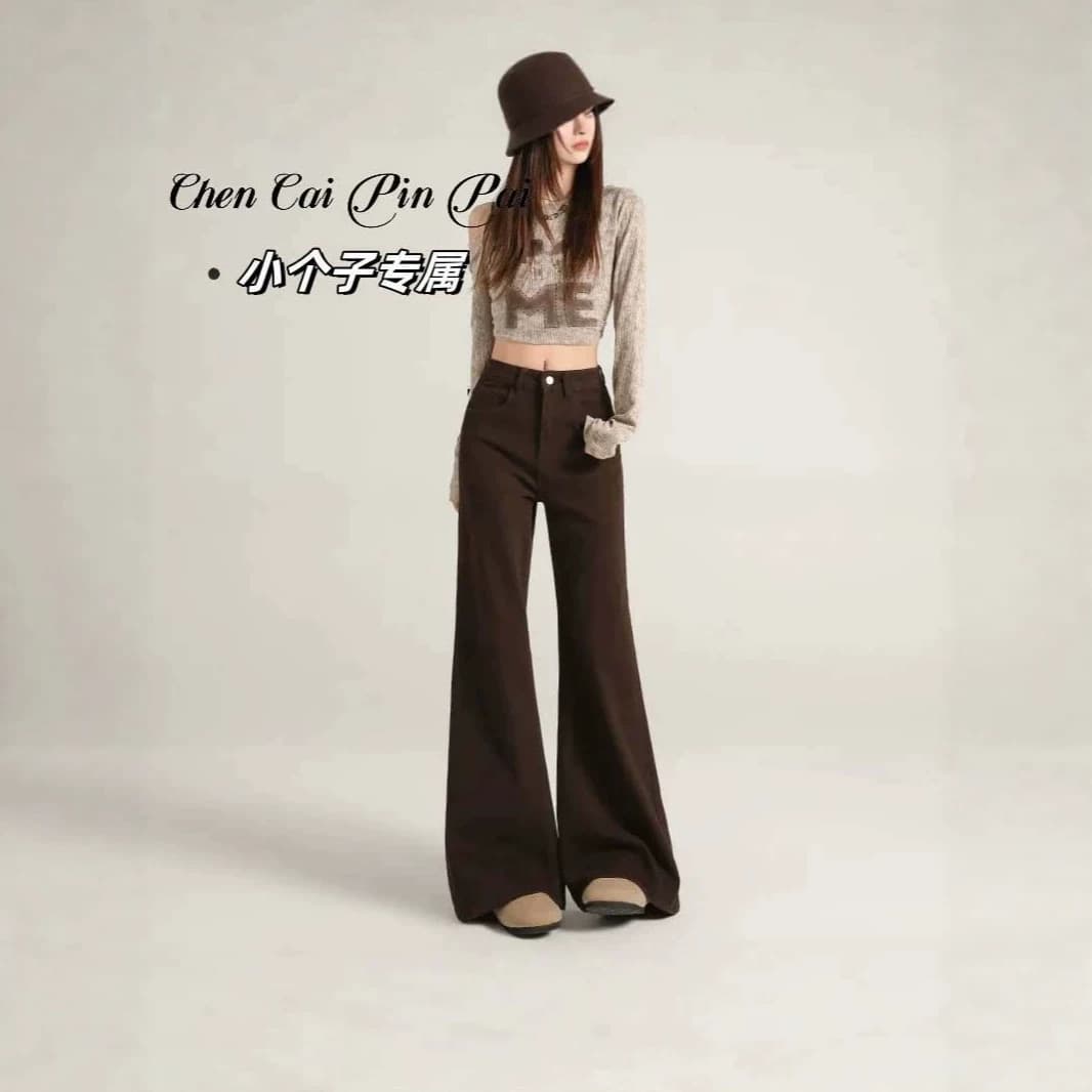 145 Little brown coffee-colored bootcut jeans for hot girls, non-legged, low-waisted, loose, slimming, floor-length wide-leg pants
