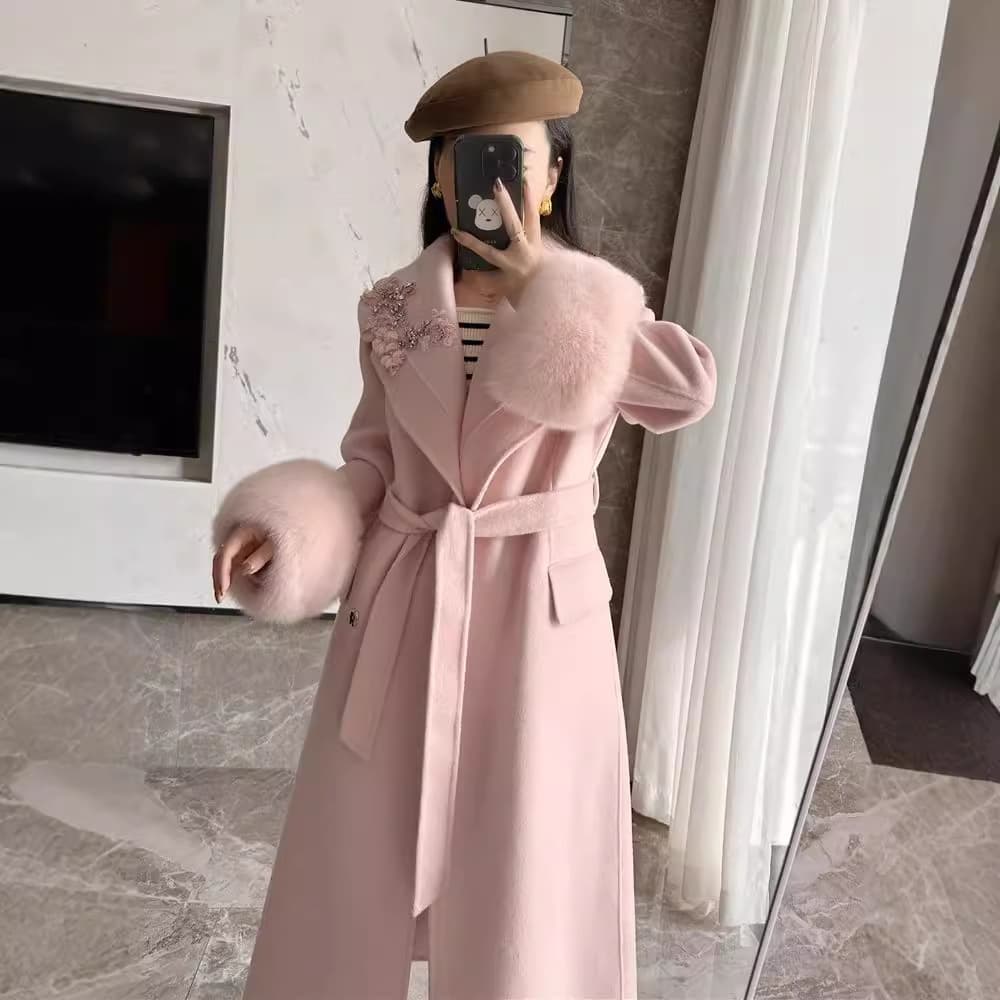 2025 Winter New Heavy Rhinestone Double-Faced Cashmere Coat Women Long Fashion Slim Fit Fox Fur Luxury Style