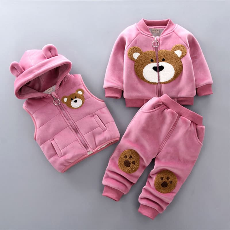 Wholesale Autumn Winter New Korean Cartoon Children's Clothing Boys Girls Baby Fleece-Lined Fluffy Bear Three-Piece Kids Suit Sweater