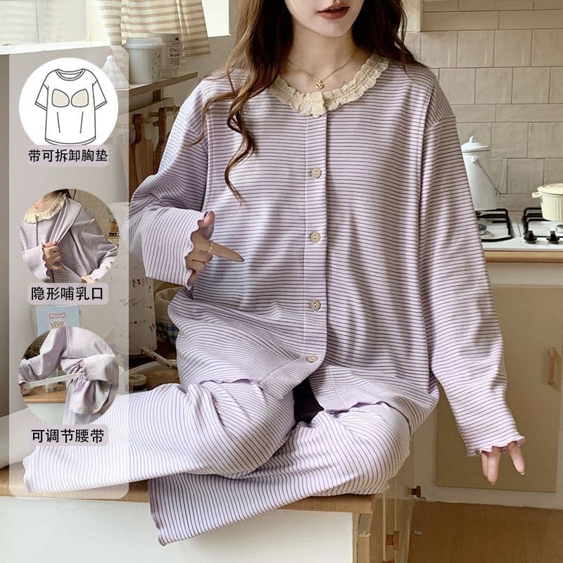 Maternity wear, made of German wool, warm, winter, Korean style, sweet, long-sleeved striped, loungewear, side-opening, suitable for winter breastfeeding and postpartum care.