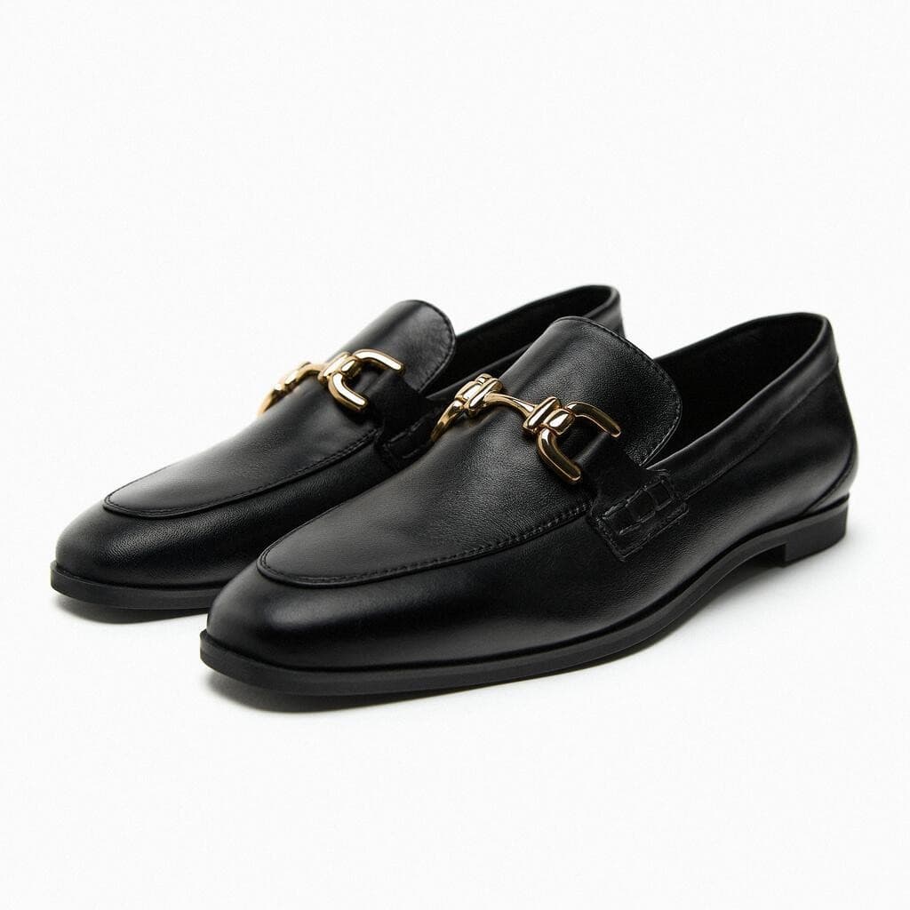 2026 Spring New Women's Shoes Black Metal Buckle Decor Soft Calfskin Classic Round Toe Loafers