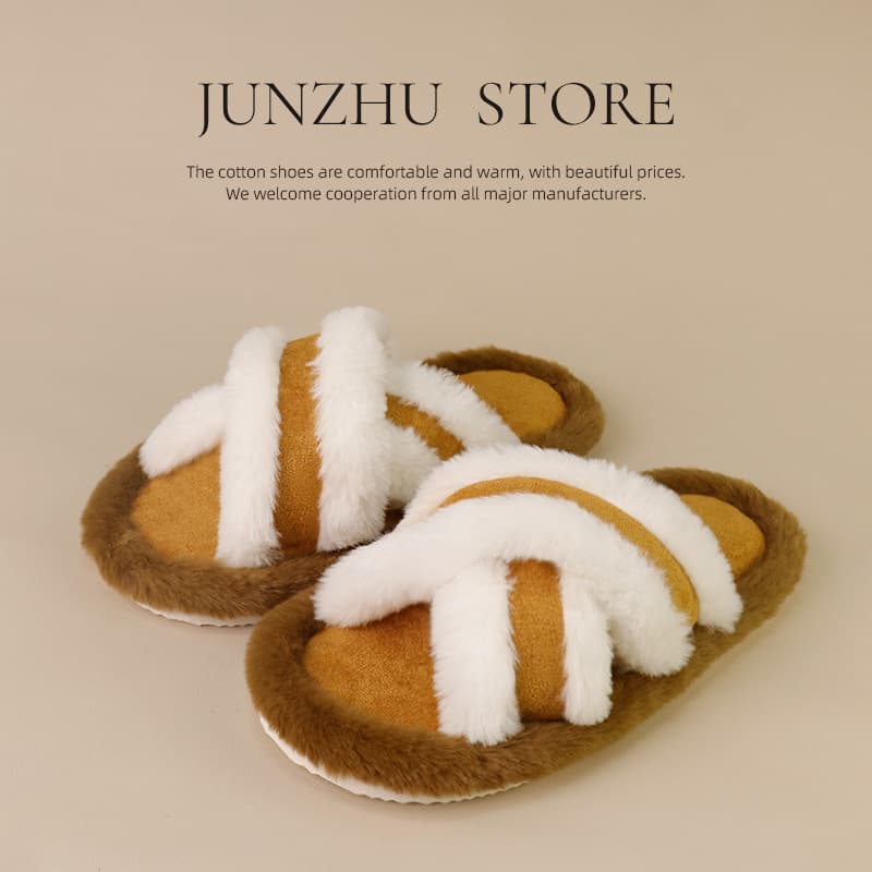 Cross-Border Furry Slippers Cross-Strap Stitching Warm Casual Thick-Soled Slippers Women's Comfortable Furry Slippers Spring and Autumn Styles