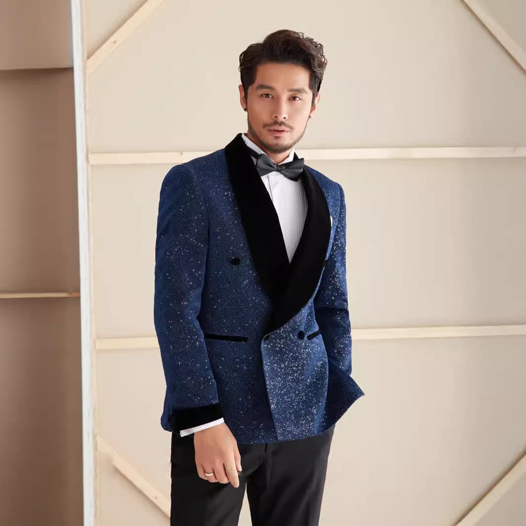 Shiny Suit Banquet Tuxedo Set for Men Wedding Groom Shawl Collar Double-Breasted Host Suit Two-Piece Set