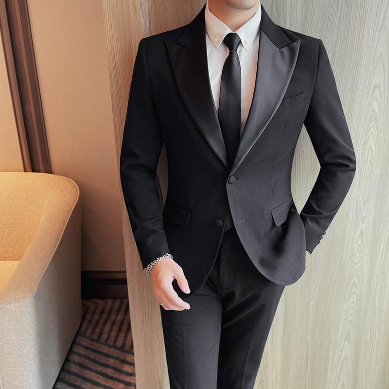 New Men's Two-Button Single-Breasted Suit Jacket for Fall/Winter, Black, Wrinkle-Free Textured Blazer
