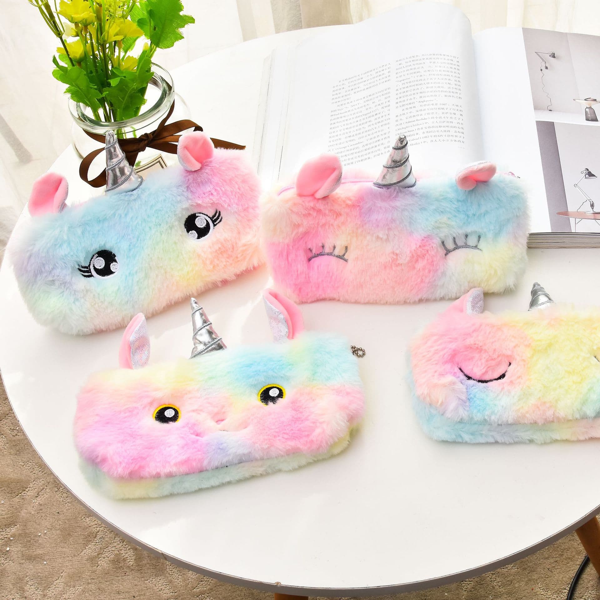 Cross-border cartoon zipper bag, children's colorful plush pencil case, simple pencil box, student stationery box, storage wholesale.