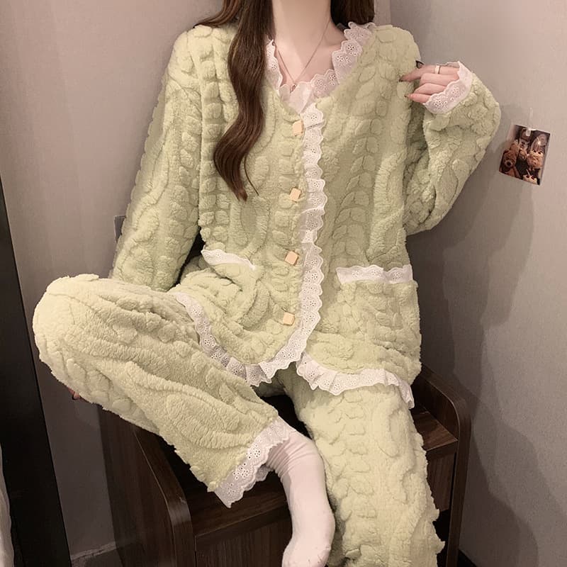Coral Fleece Pajamas for Women, New Winter Thickened Warm Sweet Lace Homewear Set