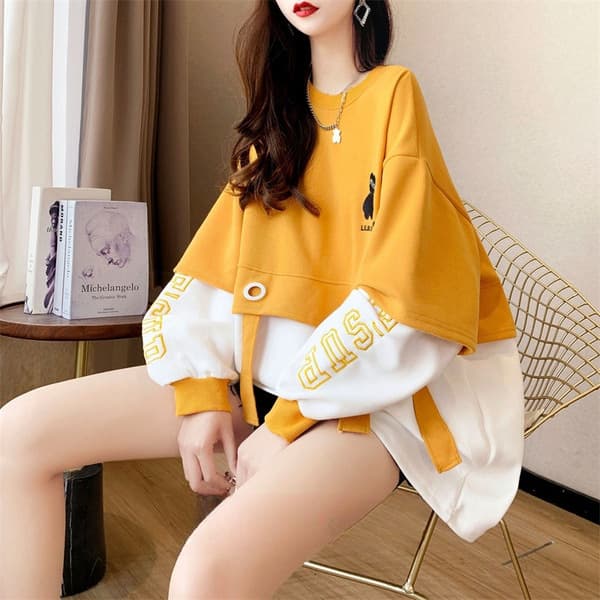 Spring and Autumn Thin Extra Large Size Women's Clothing 300 Jin Contrast Color Stitching Mid-Length Sweatshirt Women's Fashion