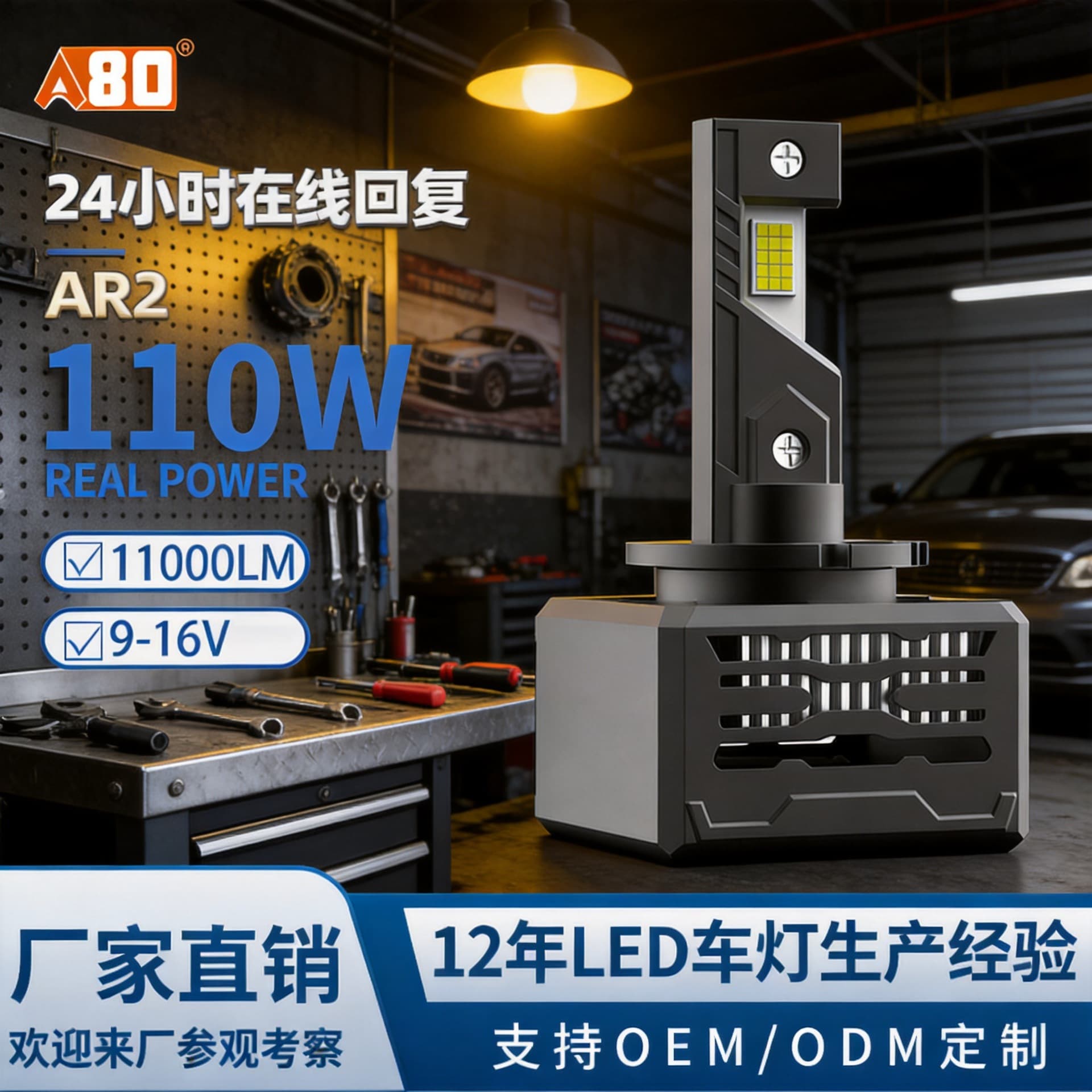 A80 Cross-border Car LED Headlight Plug-and-Play High Brightness 110W Front Light D1S/D2S/D3S/D4S Super Bright