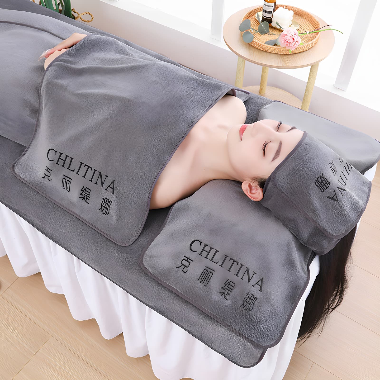 High-End Salon Towels for Skin Care, Premium Gray Bedding, Pillow, and Chest Towels, Soft and Absorbent with Logo