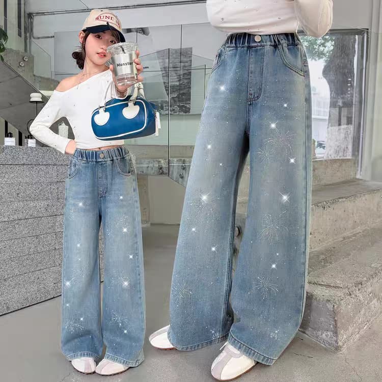 Girls' Diamond Jeans Straight Pants 2026 Spring New Year's Clothes Medium and Large Children's Narrow Wide Leg Pants Children's