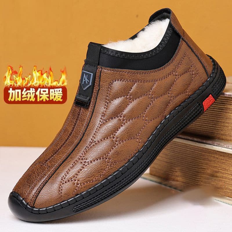 Men's Winter Cotton Shoes, Fleece-Lined Leather, Slip-On for Middle-Aged and Elderly, Soft Sole and Upper