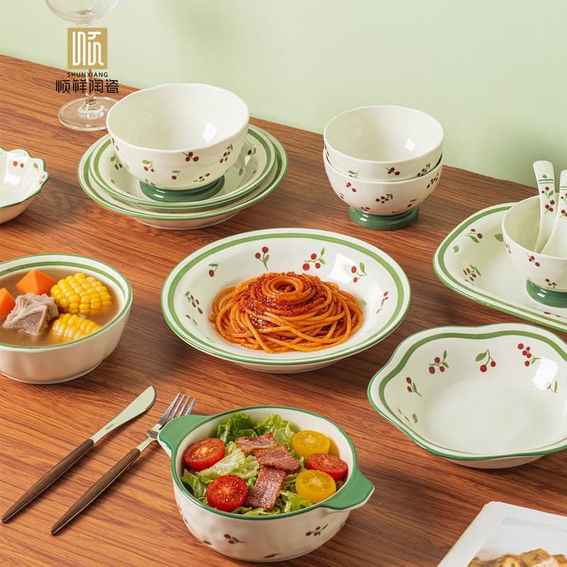 Shunxiang Ceramics [Cherry Diary] rice bowl household bowl and plate set light luxury high-end underglaze color dish set