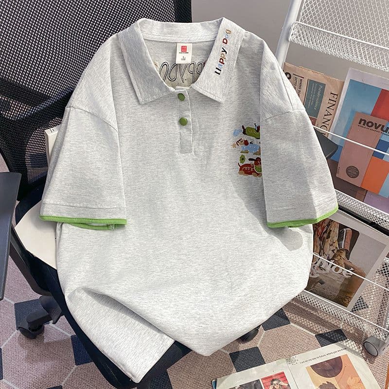 Contrast Color Polo Collar Embroidered Dachshund Short Sleeve T-Shirt for Women, Unique Design Loose Fit Hip-Covering Top for Plus Size Fashion