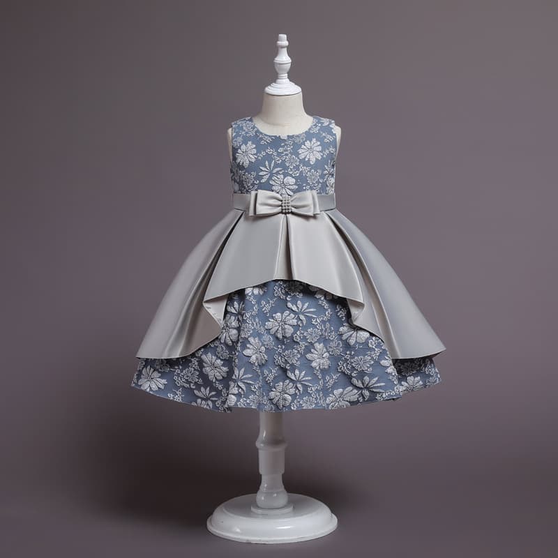 Girls' Embroidered Dress with Bow, Cute Princess Puffy Satin Gown for Party Performance