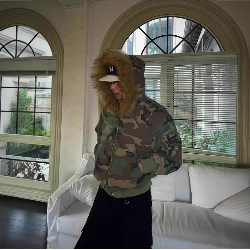 Reversible Thickened Faux Rabbit Fur Collar Camouflage Cotton Jacket for Men, Winter Stylish High-End Coat