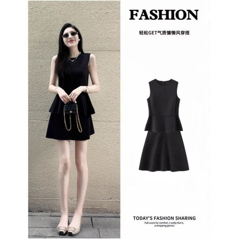 Elegant and Modest Outfit Set Slimming and Age-Defying Black Sleeveless Top and Skirt Two-Piece Women