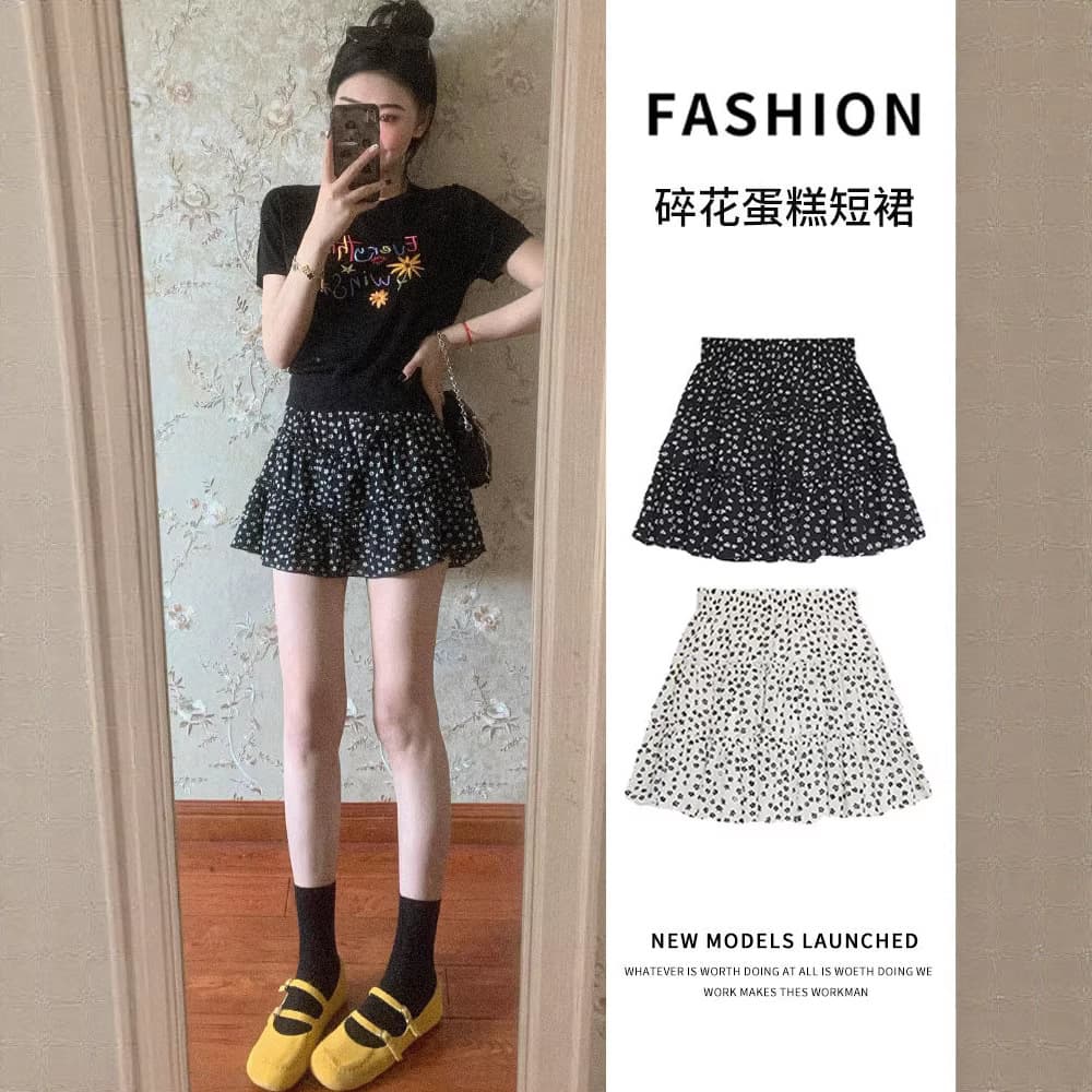 Black Floral Short Skirt for Women, Spring and Summer Thin Style, Versatile High-Waisted Slimming A-Line Skirt, Lazy Style Cake Skirt