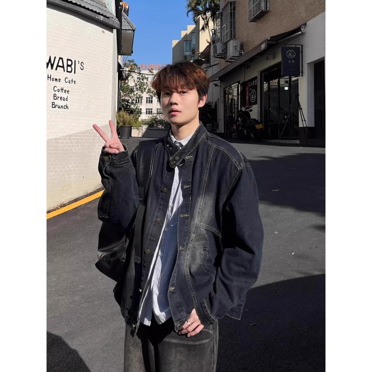 American Retro Washed Distressed Stand Collar Heavyweight Denim Jacket for Men and Women Spring Street Loose Casual Coat Trendy