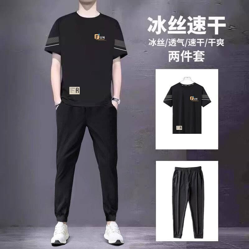 Cool Ice Silk Suit Men's Summer Quick-Dry T-Shirt and Pants Casual Sports Two-Piece Set [Short-Sleeve Pants Suit]
