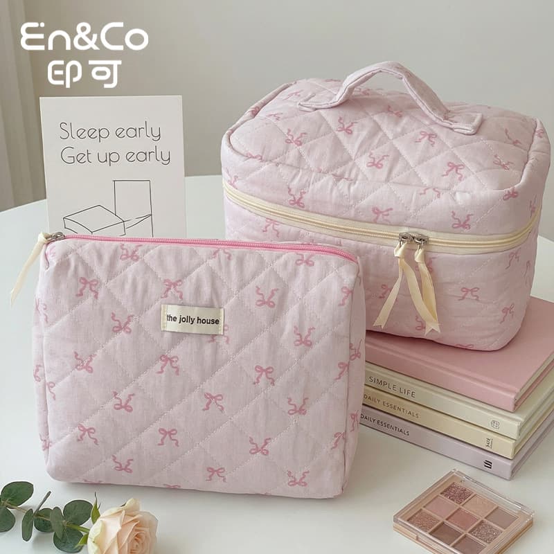Korean-style Sweet Girl Pink Ribbon Bow Cosmetic Bag Large Capacity Portable Quilted Toiletry Organizer