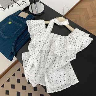 French Gentle Style Ruffled One-Shoulder Polka Dot Sleeveless Blouse Women's Summer Unique Slim Fit Top