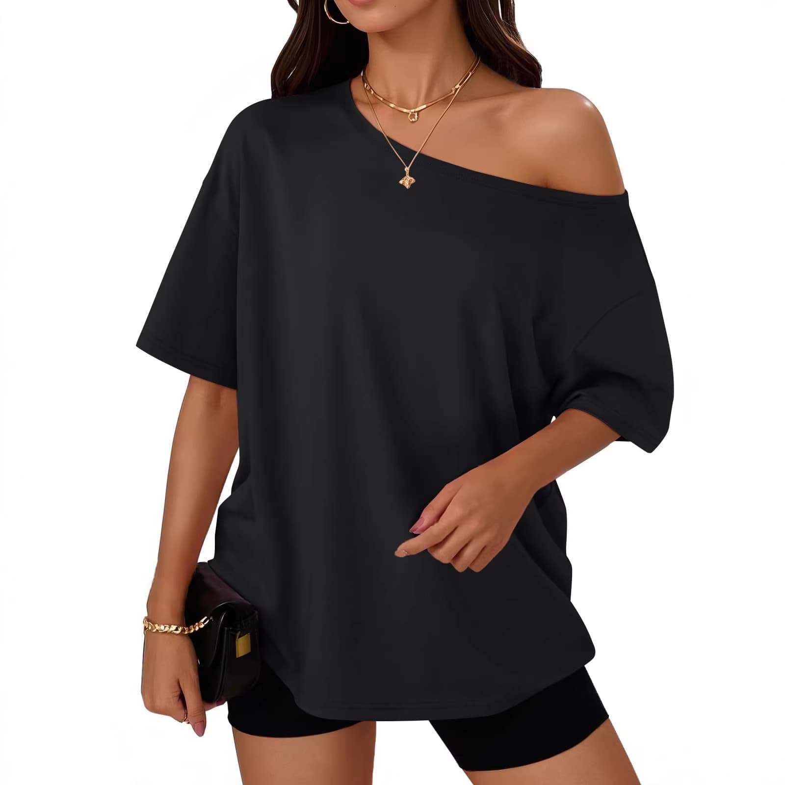 Amazon European and American women's off-shoulder tops loose T-shirt short-sleeved T-shirt 2026 summer casual spring fashion clothing