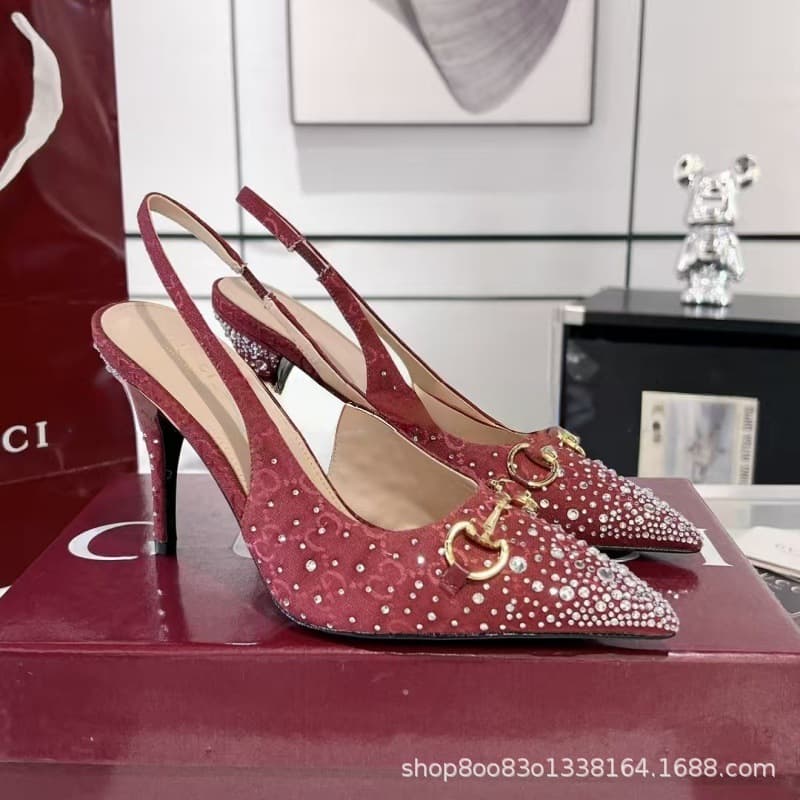 European and American Fashion High Heels 2025 New Double G Fabric Pointed Toe Sandals Rhinestone Letter Casual Elegant Cross-border