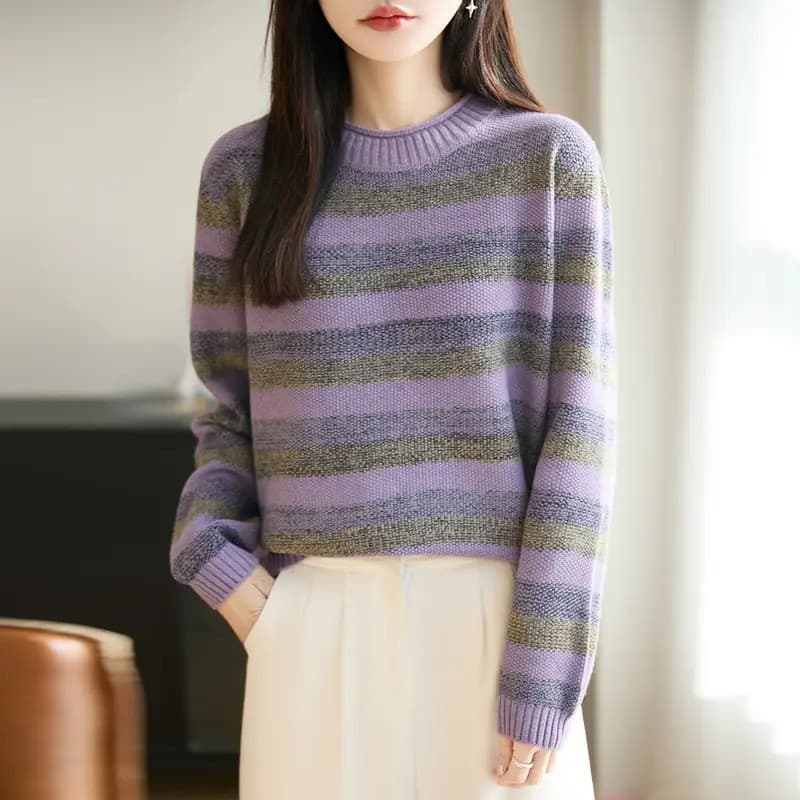 Dropshipping Fashionable Crew Neck Rolled Hem Wide Stripe Knit Sweater Color-Block Stylish Versatile Pullover