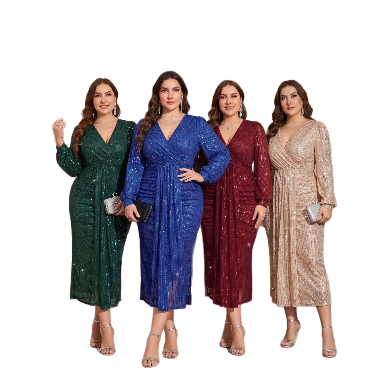 Sequin Deep V Flowing Sleeve Slimming Cross-Border Evening Dress European and American Plus Size Women's Clothing for Plus Size Women Bridesmaid Dress