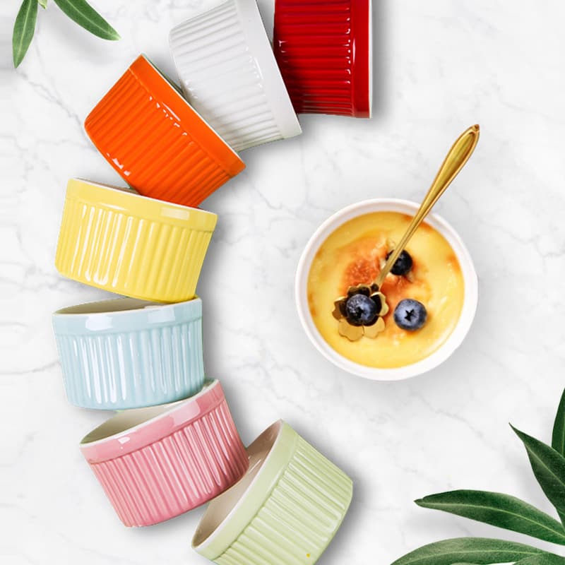 Macaron Vertical Stripe Ceramic Baking Bowl, Home Baking Cake Base Container, Pudding Egg Steaming Bowl, Suitable for Microwave and Oven