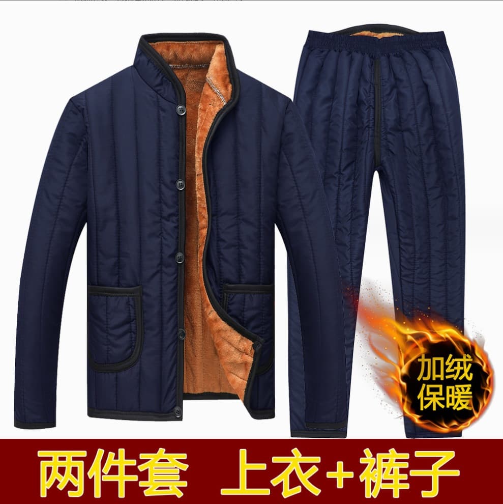 Winter Thermal Cotton Padded Jacket and Pants Set for Middle-aged and Elderly Men, Fleece-Lined and Thickened, Thermal Underwear for Dad