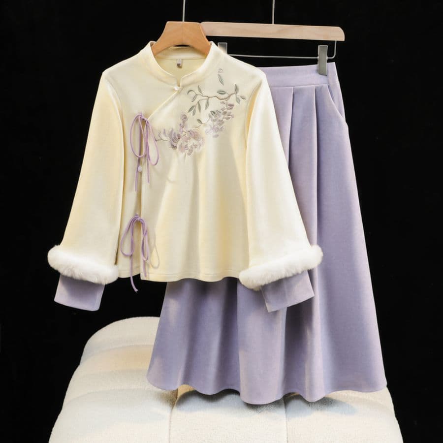 Autumn/Winter New Chinese Style Retro Tang Suit National Style Elements Modified Hanfu Long Sleeve Cheongsam Skirt Top Tea Ceremony Clothing Set