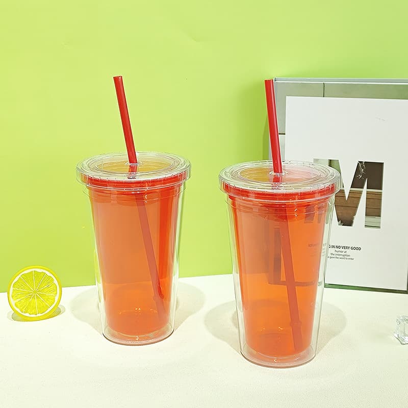 Double-walled plastic cup, large capacity 450ML, double-walled welded insulated straw cup for milk tea and other beverages, Huangyan factory.