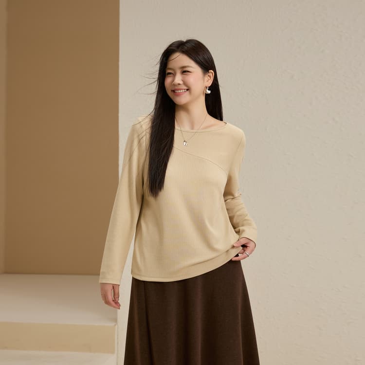 【Elegant Boat Neck T-Shirt】Xianlixiu Plus-Size Women's Clothing, Slimming Long-Sleeve Top for Curvy Girls, 2025 Autumn New Arrival