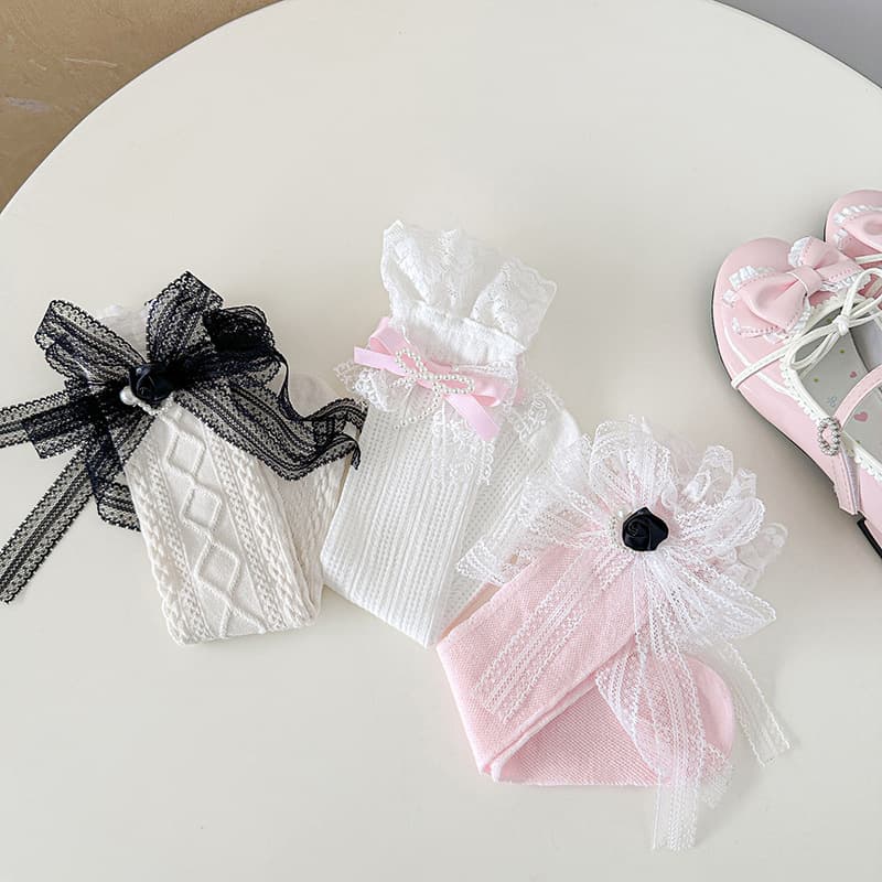 Zhuji socks women's spring and autumn versatile mid-calf socks lace bow lace pile socks sweat-absorbent long tide socks casual socks