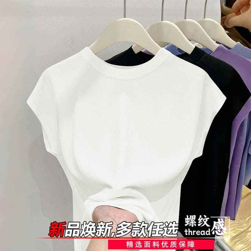 Ice Silk Thin Stretch Women's T-Shirt Top 2025 Summer New Style, Simple and Versatile Solid Color Women's Fashionable Top