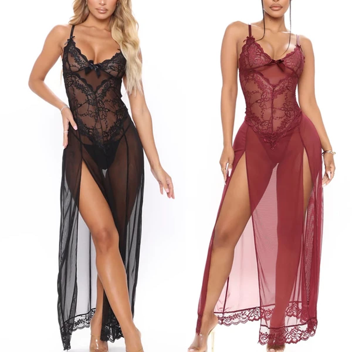 Wholesale Hot-Selling Lingerie for Cross-Border EU/US Markets, Lace Hollow See-Through Plus Size Long Dress Lingerie Sleepwear Source