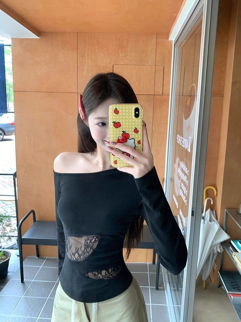 [260g Rayon Modal] Off-Shoulder Lace-Trim Long-Sleeve T-Shirt for Women, Slim Fit Cropped Versatile Top, Black
