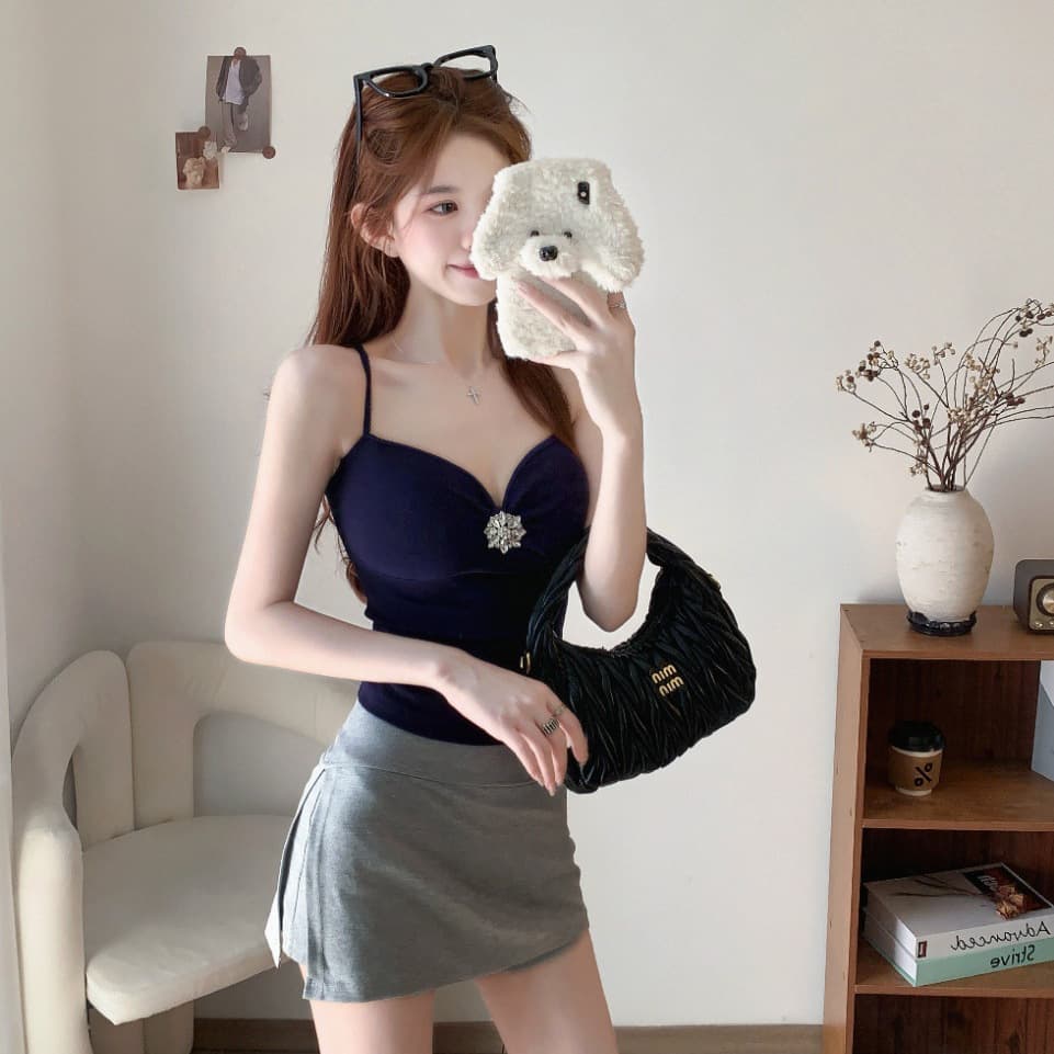 971# Early Autumn New Sweet & Spicy Style Brushed Deep V-Neck Thermal Camisole Slimming & Shaping Women's Fixed Strap with Padded Cups
