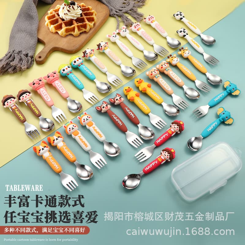304 stainless steel spoon cartoon animal children's tableware set baby food supplement eating fork spoon spoon wholesale