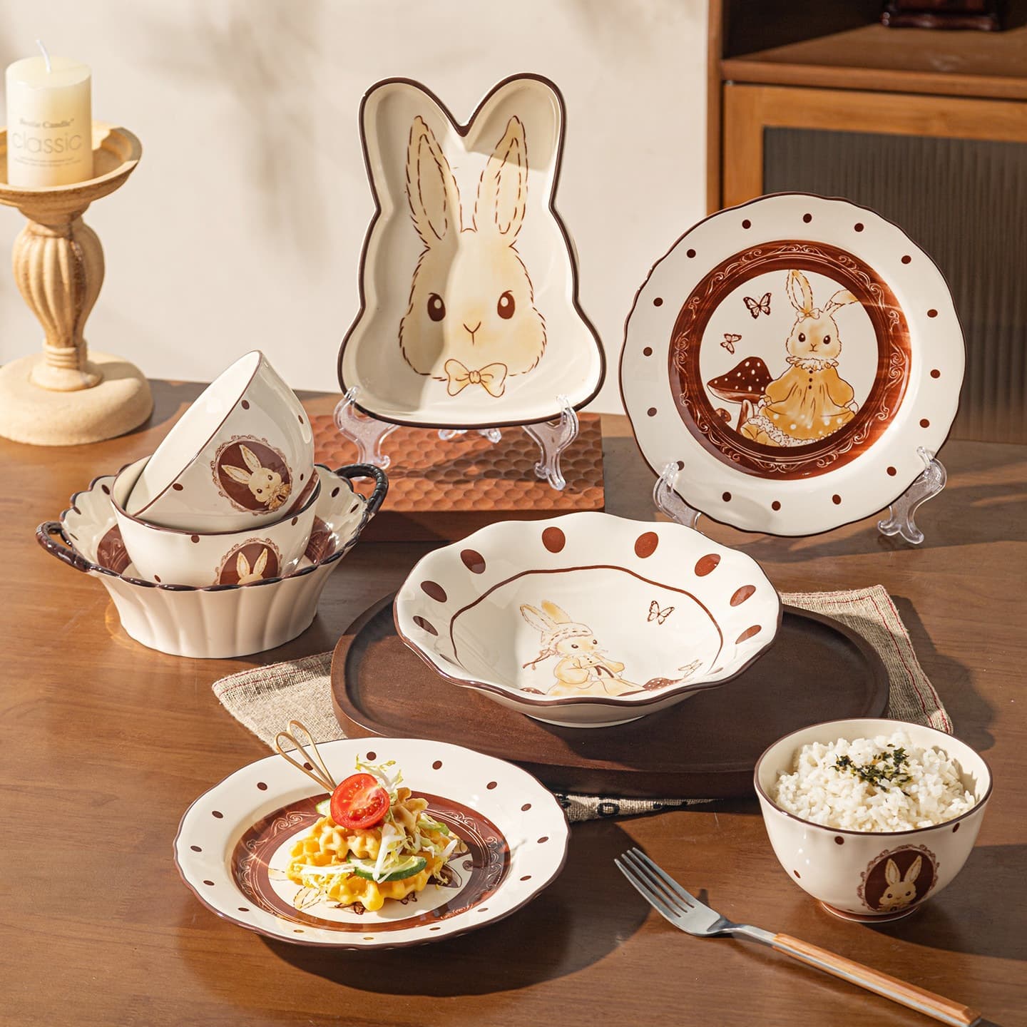 Cartoon Hepburn Rabbit Bowl and Plate Set, New Ceramic Tableware for Home, Housewarming Gift, Bowls and Plates, Birthday Present
